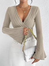 Beige Ribbed Knit Wrap Top for Women Woman T Shirts