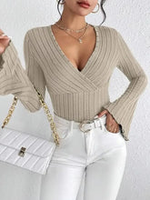 Beige Ribbed Knit Wrap Top for Women Woman T Shirts