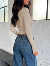 Beige Ribbed Long Sleeve Crop Top for Women Woman T Shirts