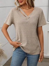 Beige Ribbed V Neck Buttoned Knit Top for Women Woman T Shirts