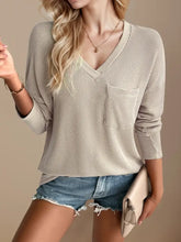 Beige Ribbed V-Neck Long Sleeve Top for Women Dust Storm Woman T Shirts