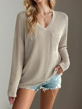 Beige Ribbed V-Neck Long Sleeve Top for Women Woman T Shirts