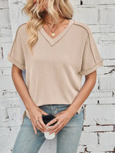 Beige Ribbed V Neck Top with Exposed Seams Tan Woman T Shirts