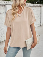 Beige Ribbed V Neck Top with Exposed Seams Woman T Shirts
