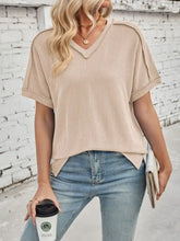 Beige Ribbed V Neck Top with Exposed Seams Woman T Shirts