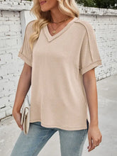 Beige Ribbed V Neck Top with Exposed Seams Woman T Shirts