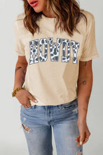 Beige Round Neck T Shirt with Cow Print Howdy Lettering Short Sleeve Light Apricot Woman T Shirts