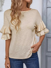 Beige Ruffle Sleeve Stretch Top for Women Tan Woman T Shirts