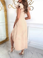 Beige Ruffled Sleeve Wrap Dress Evening Slit 100 Percent Polyester Evening Dresses