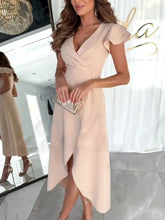 Beige Ruffled Sleeve Wrap Dress Evening Slit 100 Percent Polyester Evening Dresses