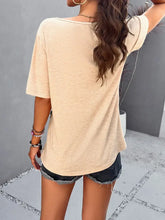 Beige Short Sleeve Stretch Top with Zipper and Button Detail Woman T Shirts