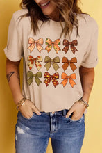 Beige Short Sleeve T Shirt with Fall Bow Pattern for Women Tan Woman T Shirts