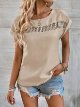 Beige Short Sleeve Top with Decorative Trim for Women Tan Woman T Shirts
