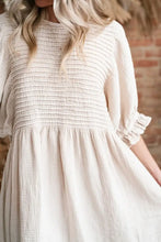 Beige Smocked Babydoll Dress with Stretchy Bodice Casual Dresses