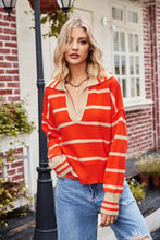 Orange and Beige Striped Collared Sweater with Long Sleeve Length Sweater Pullovers