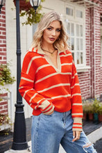 Orange and Beige Striped Collared Sweater with Long Sleeve Length Sweater Pullovers