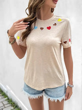 Beige T-Shirt with Colorful Heart Cutouts for Women Tan Woman T Shirts