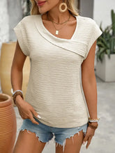 Beige Textured Knit Top with Asymmetrical Short Sleeve Neckline Woman T Shirts
