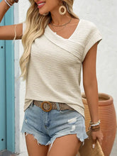 Beige Textured Knit Top with Asymmetrical Short Sleeve Neckline Woman T Shirts