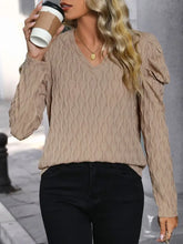 Beige Textured Puff Sleeve V Neck Blouse for Women Mocha Woman T Shirts