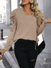 Beige Textured Puff Sleeve V Neck Blouse for Women Woman T Shirts