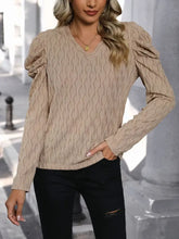 Beige Textured Puff Sleeve V Neck Blouse for Women Woman T Shirts