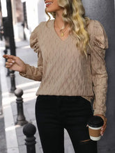 Beige Textured Puff Sleeve V Neck Blouse for Women Woman T Shirts