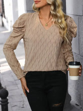 Beige Textured Puff Sleeve V Neck Blouse for Women Woman T Shirts