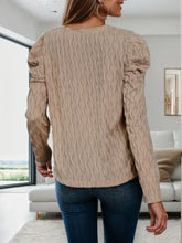 Beige Textured Puff Sleeve V Neck Sweater for Women Woman T Shirts