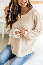 Beige Waffle Knit Henley Long Sleeve Top for Women Cream Woman T Shirts