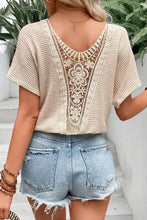 Beige Waffle Knit Lace Back Short Sleeve Top for Women Beige Woman T Shirts