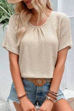 Beige Waffle Knit Lace Back Short Sleeve Top for Women Woman T Shirts