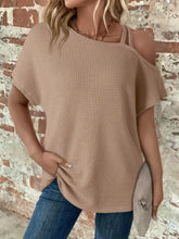 Beige Waffle Knit One Shoulder Asymmetrical Top Woman T Shirts