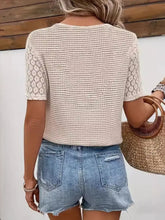Beige Waffle Knit Top with Lace Sleeves Woman T Shirts