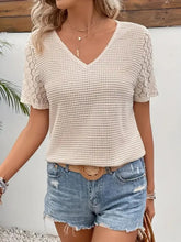 Beige Waffle Knit Top with Lace Sleeves Woman T Shirts