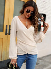 Beige Waffle Knit Wrap Front Long Sleeve Top Beige Woman T Shirts