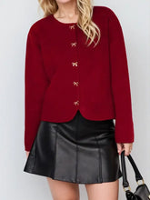 Bow Button Down Round Neck Long Sleeve Cardigan Woman Outerwear