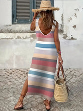 Slit Striped Round Neck Sleeveless Dress Woman Maxi Dress
