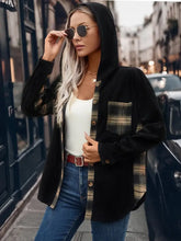 Pocketed Plaid Button Down Hooded Shacket Woman Outerwear