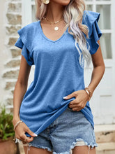 Layered Flutter Sleeve V-Neck Top Blue Woman T Shirts