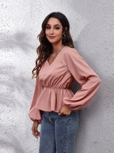 V-Neck Balloon Sleeve Peplum Blouse Woman Blouses