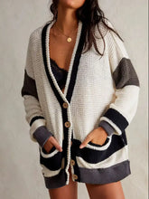Pocketed Contrast V-Neck Long Sleeve Cardigan White Woman Outerwear