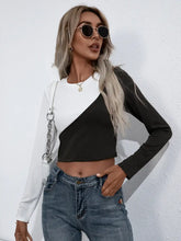 Womens Long Sleeve Color Block Crop Top with Round Neck Woman T Shirts