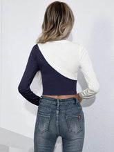 Womens Long Sleeve Color Block Crop Top with Round Neck Woman T Shirts