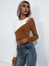 Womens Long Sleeve Color Block Crop Top with Round Neck Woman T Shirts