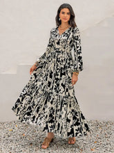 Black and White Floral Maxi Dress with Tie and Ruched Details Black White Maxi Dresses