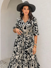 Black and White Floral Maxi Dress with Tie and Ruched Details Maxi Dresses