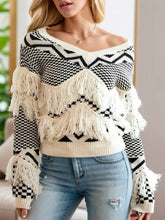 Black and White Fringe Sweater Long Sleeve Pullover Acrylic Beige Sweater Pullovers