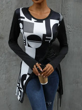 Black and White Geometric Print Asymmetrical Long Sleeve Tunic Top Woman T Shirts