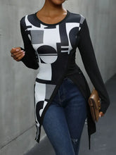 Black and White Geometric Print Asymmetrical Long Sleeve Tunic Top Woman T Shirts